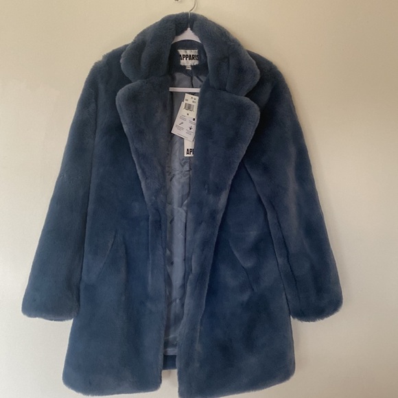 NWT-FEATURED IN US WEEKLY- Apparis Faux Fur Steel Blue  Elouise Coat - Picture 4 of 15